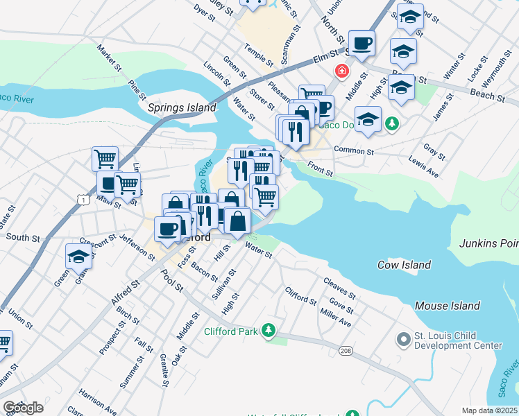map of restaurants, bars, coffee shops, grocery stores, and more near 102 Main Street in Saco