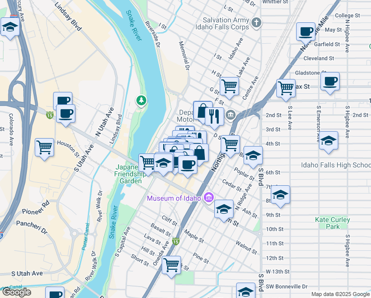 map of restaurants, bars, coffee shops, grocery stores, and more near 552 Park Avenue in Idaho Falls