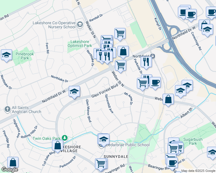 map of restaurants, bars, coffee shops, grocery stores, and more near 595 Silverbirch Road in Waterloo