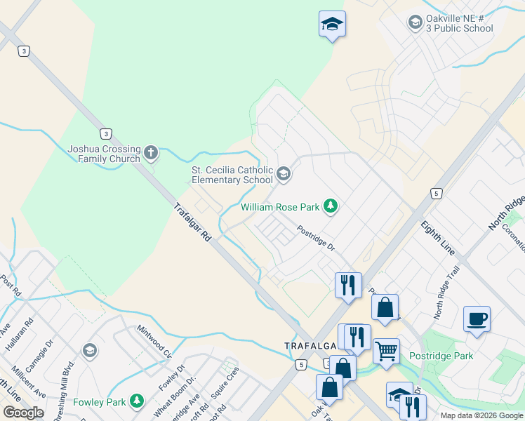 map of restaurants, bars, coffee shops, grocery stores, and more near 398 Threshing Mill Boulevard in Oakville