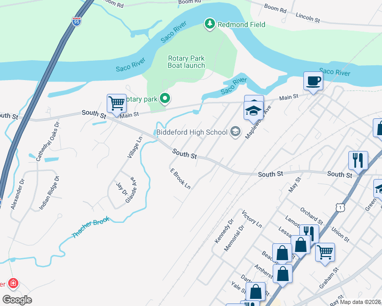map of restaurants, bars, coffee shops, grocery stores, and more near 258 South Street in Biddeford