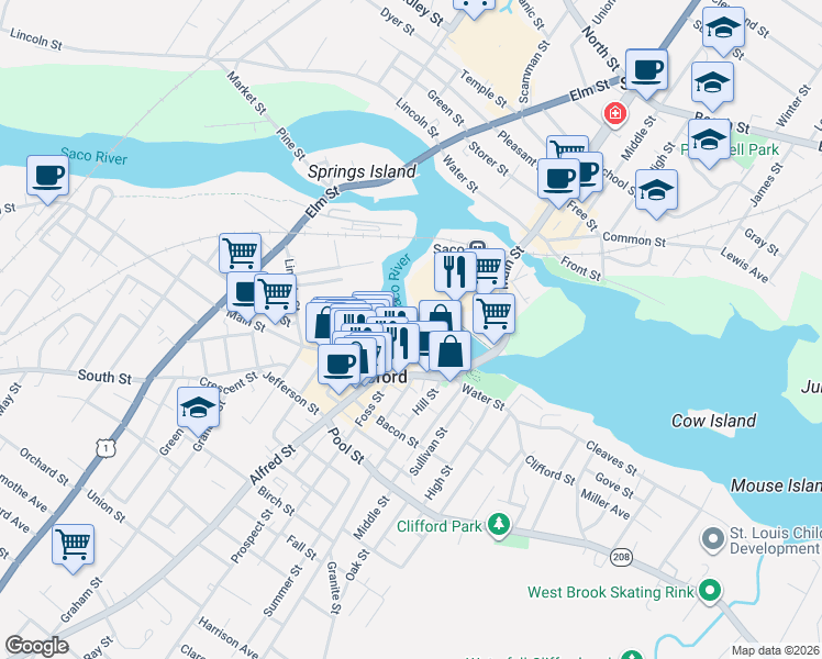 map of restaurants, bars, coffee shops, grocery stores, and more near 2 Main Street in Biddeford