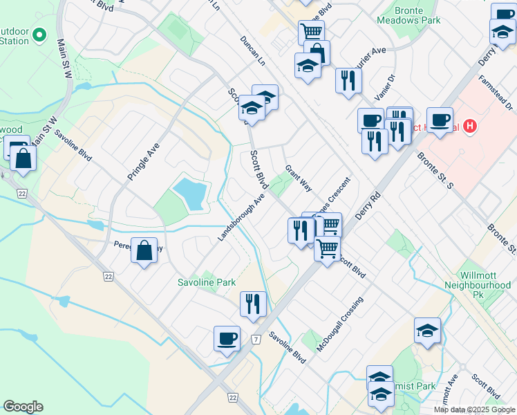map of restaurants, bars, coffee shops, grocery stores, and more near 255 McCready Drive in Milton