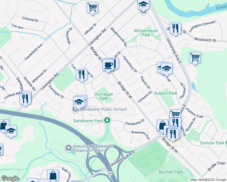 map of restaurants, bars, coffee shops, grocery stores, and more near 271 Eiwo Court in Waterloo