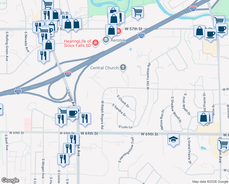 map of restaurants, bars, coffee shops, grocery stores, and more near 5505 South Chuck Drive in Sioux Falls
