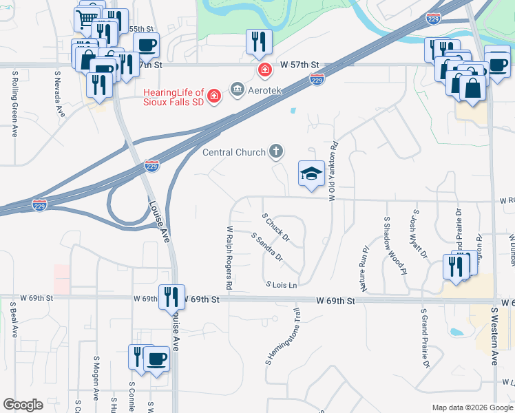 map of restaurants, bars, coffee shops, grocery stores, and more near 5505 South Chuck Drive in Sioux Falls