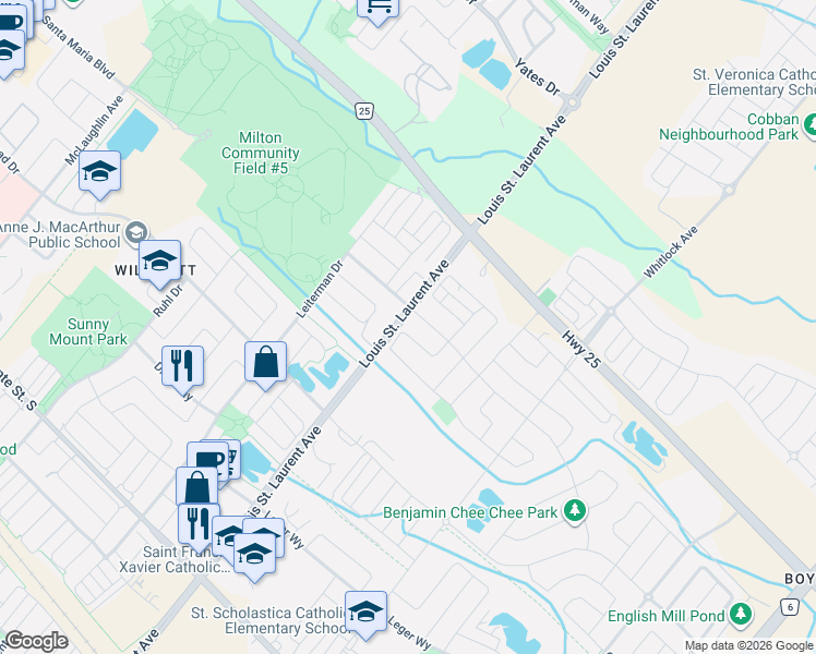 map of restaurants, bars, coffee shops, grocery stores, and more near 1190 Raspberry Terrace in Milton