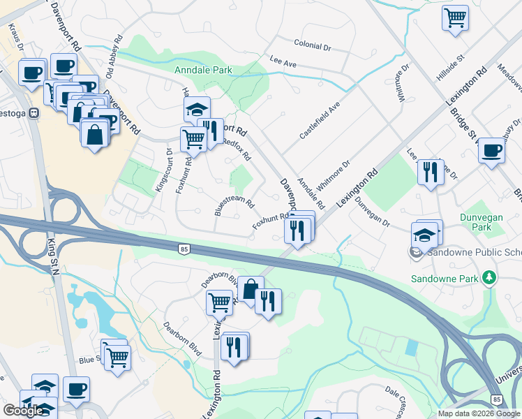 map of restaurants, bars, coffee shops, grocery stores, and more near 460 Bluestream Road in Waterloo
