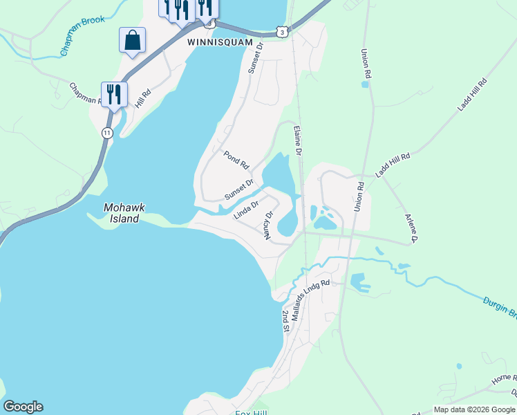 map of restaurants, bars, coffee shops, grocery stores, and more near 11 Linda Drive in Belmont