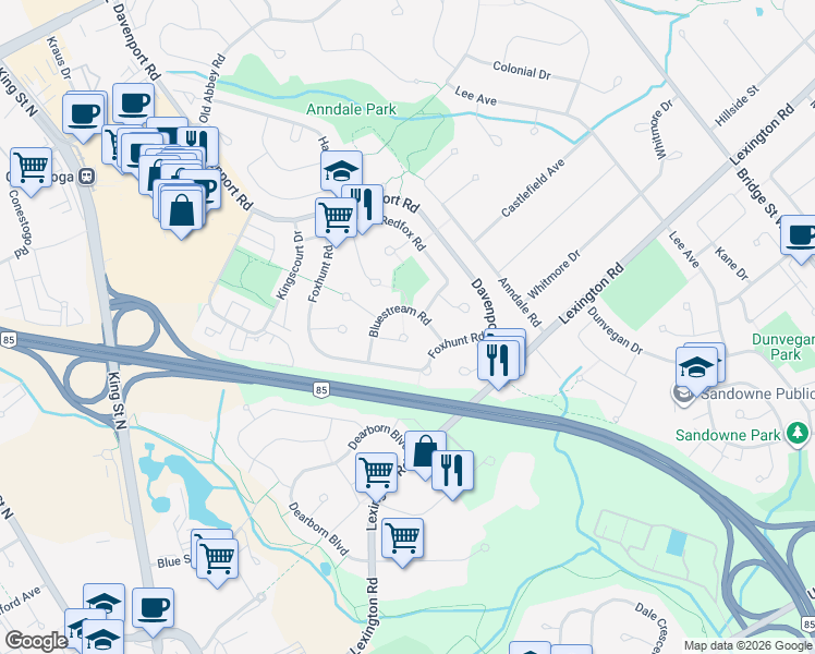 map of restaurants, bars, coffee shops, grocery stores, and more near 172 Mayberry Court in Waterloo