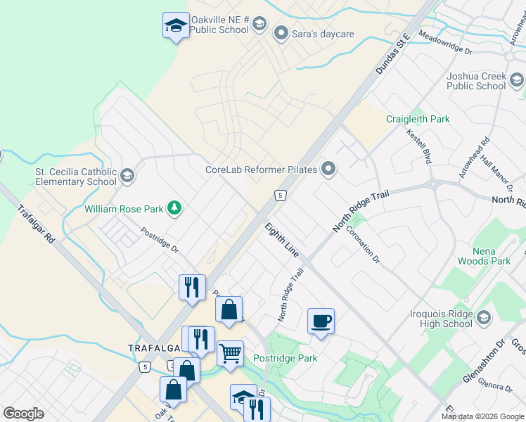 map of restaurants, bars, coffee shops, grocery stores, and more near 1005 Dundas Street East in Oakville