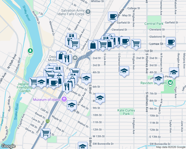 map of restaurants, bars, coffee shops, grocery stores, and more near 415 South Boulevard in Idaho Falls