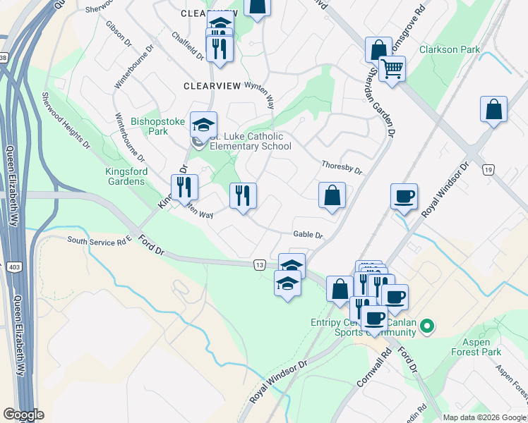map of restaurants, bars, coffee shops, grocery stores, and more near 2300 Springfield Crescent in Oakville