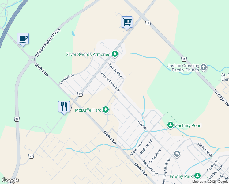 map of restaurants, bars, coffee shops, grocery stores, and more near 121 Settlers Road East in Oakville