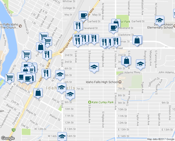 map of restaurants, bars, coffee shops, grocery stores, and more near 284 4th Street in Idaho Falls