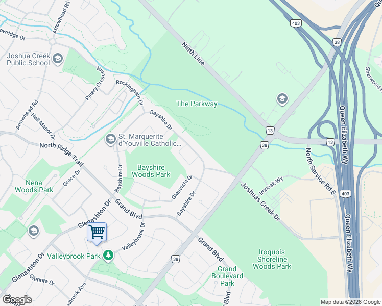 map of restaurants, bars, coffee shops, grocery stores, and more near 1548 Bayshire Drive in Oakville