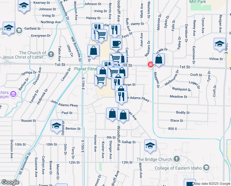 map of restaurants, bars, coffee shops, grocery stores, and more near 351 South Woodruff Avenue in Idaho Falls