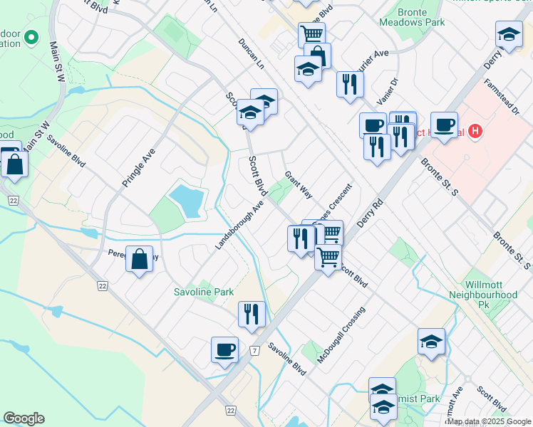 map of restaurants, bars, coffee shops, grocery stores, and more near 255 McCready Drive in Milton