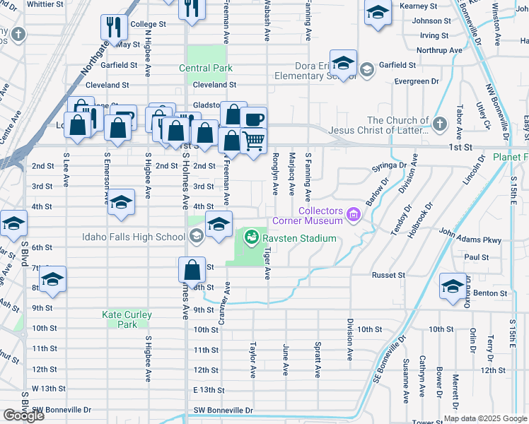 map of restaurants, bars, coffee shops, grocery stores, and more near 444 Ronglyn Avenue in Idaho Falls