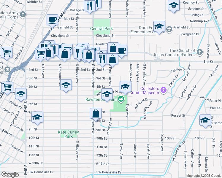 map of restaurants, bars, coffee shops, grocery stores, and more near in Idaho Falls