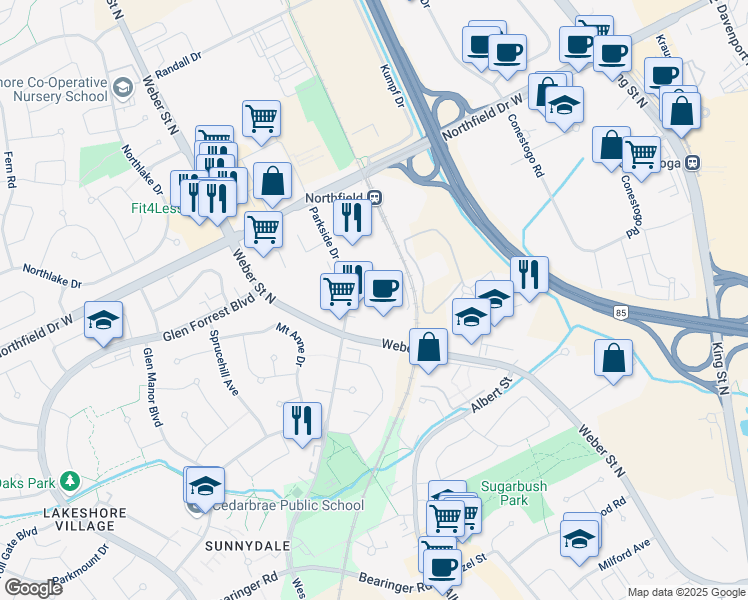 map of restaurants, bars, coffee shops, grocery stores, and more near in Waterloo