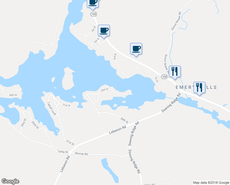 map of restaurants, bars, coffee shops, grocery stores, and more near 184 30th Street in Shapleigh