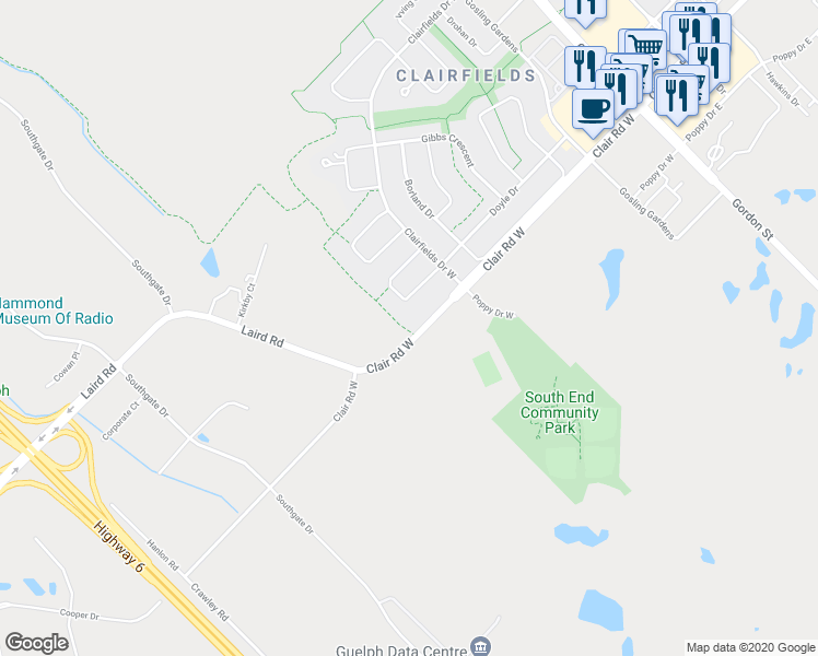 map of restaurants, bars, coffee shops, grocery stores, and more near 195 Clair Road West in Guelph