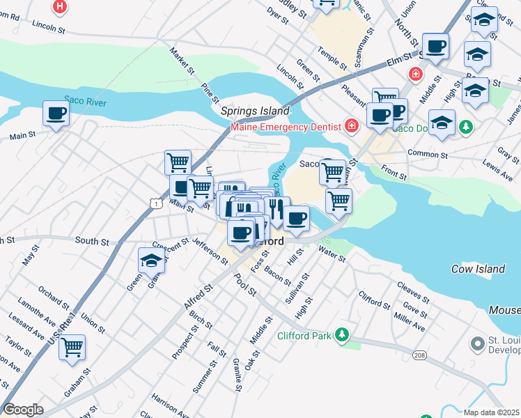 map of restaurants, bars, coffee shops, grocery stores, and more near 44 Laconia Street in Biddeford