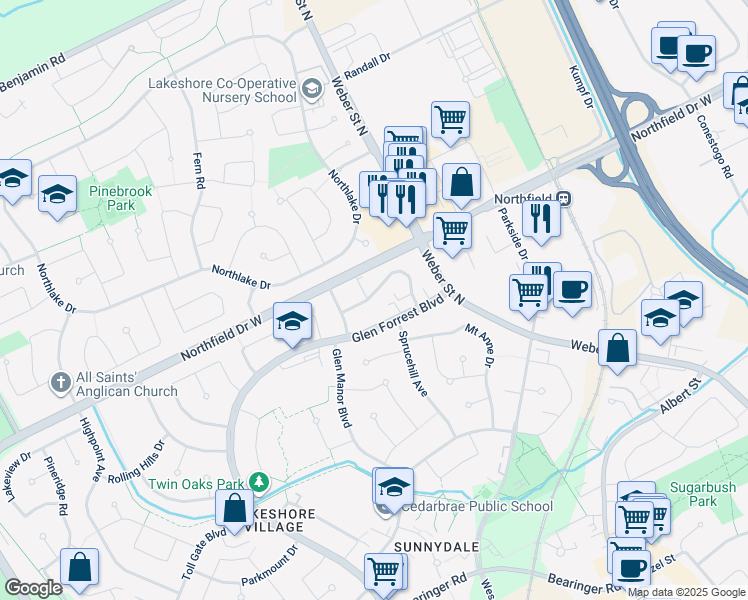 map of restaurants, bars, coffee shops, grocery stores, and more near 641 Silverbirch Road in Waterloo