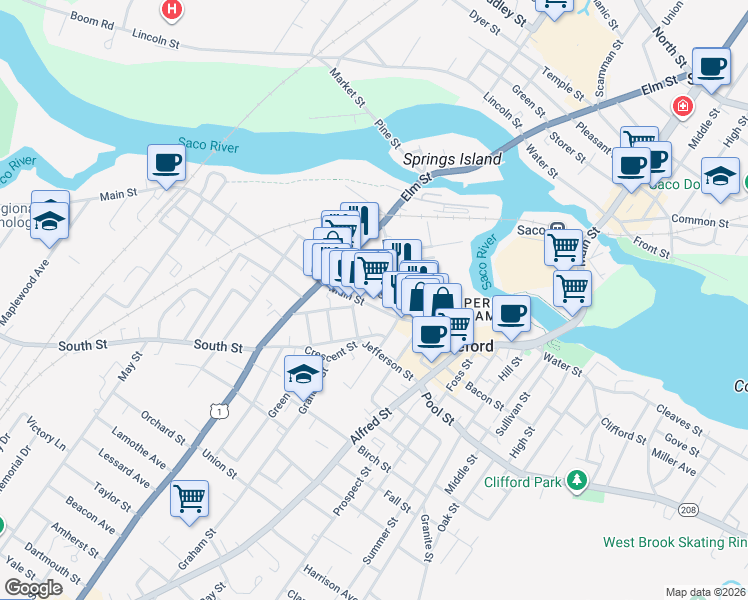 map of restaurants, bars, coffee shops, grocery stores, and more near 224 Main Street in Biddeford