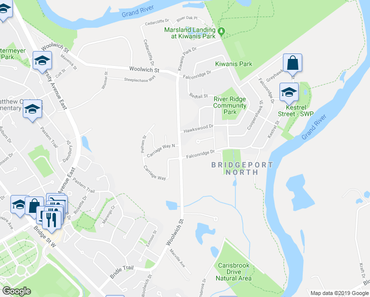 map of restaurants, bars, coffee shops, grocery stores, and more near 264 Woolwich Street in Kitchener