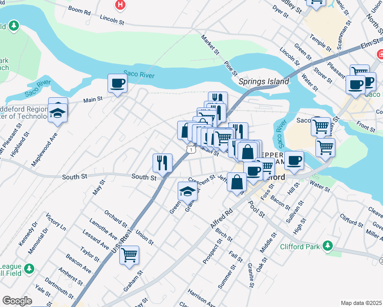 map of restaurants, bars, coffee shops, grocery stores, and more near 167 Elm Street in Biddeford