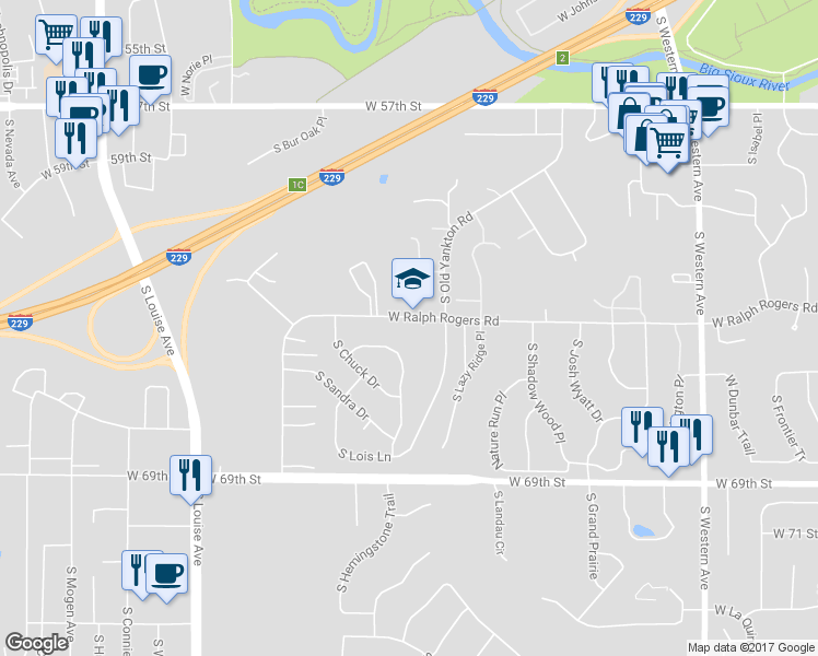 map of restaurants, bars, coffee shops, grocery stores, and more near 3015 West Ralph Rogers Road in Sioux Falls