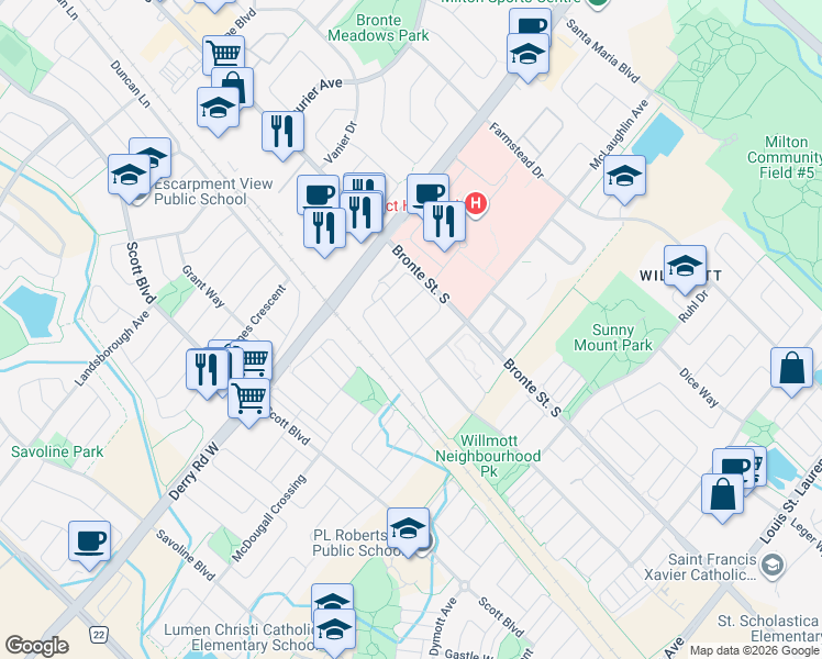 map of restaurants, bars, coffee shops, grocery stores, and more near 687 Megson Terrace in Milton