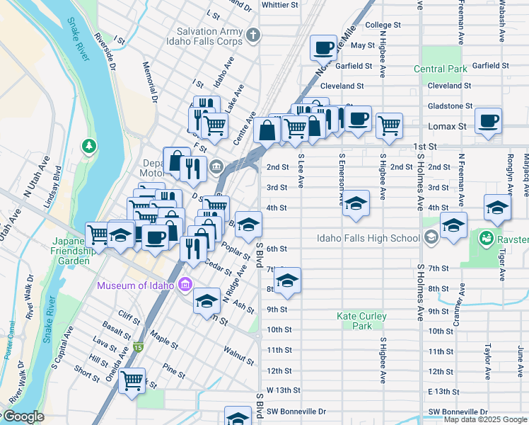 map of restaurants, bars, coffee shops, grocery stores, and more near 415 South Boulevard in Idaho Falls