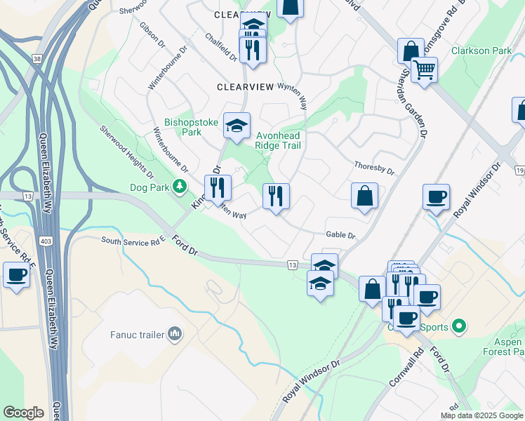map of restaurants, bars, coffee shops, grocery stores, and more near 2462 Wynten Way in Oakville