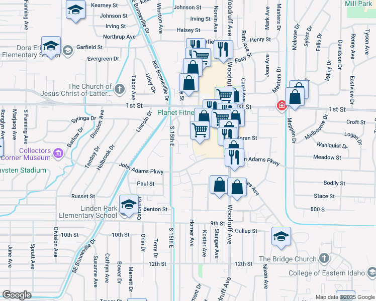 map of restaurants, bars, coffee shops, grocery stores, and more near 1599 John Adams Parkway in Idaho Falls