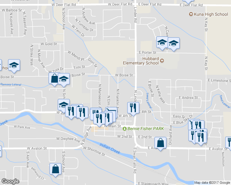map of restaurants, bars, coffee shops, grocery stores, and more near 623 North Franklin Avenue in Kuna