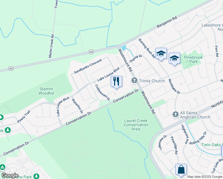 map of restaurants, bars, coffee shops, grocery stores, and more near 632 Inglis Falls Place in Waterloo
