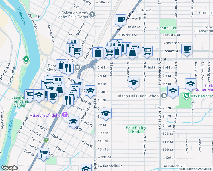 map of restaurants, bars, coffee shops, grocery stores, and more near 152 4th Street in Idaho Falls