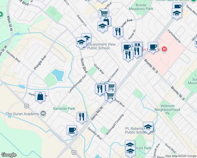 map of restaurants, bars, coffee shops, grocery stores, and more near 208 Weston Drive in Milton