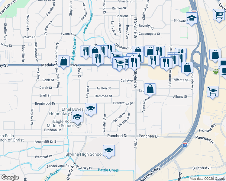 map of restaurants, bars, coffee shops, grocery stores, and more near 1743-1757 Avalon Street in Idaho Falls