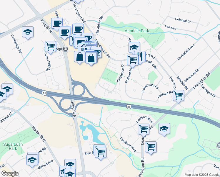 map of restaurants, bars, coffee shops, grocery stores, and more near 455 Kingscourt Drive in Waterloo
