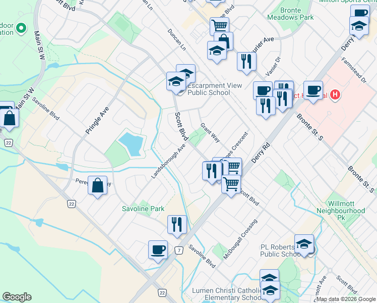 map of restaurants, bars, coffee shops, grocery stores, and more near 251 McCready Drive in Milton