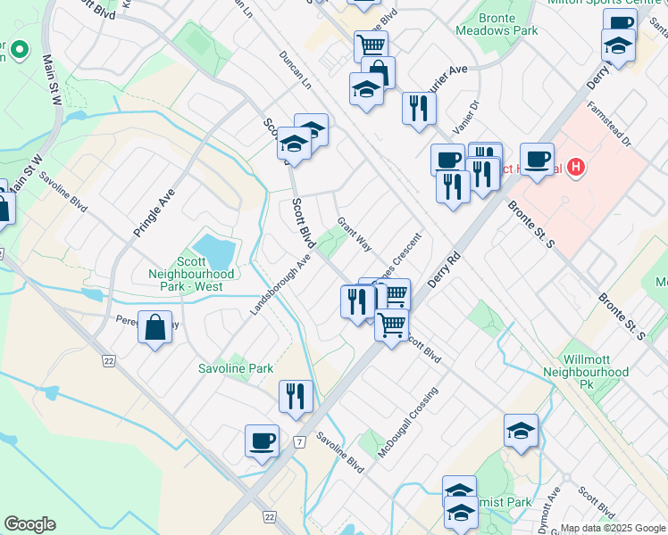 map of restaurants, bars, coffee shops, grocery stores, and more near Scott Boulevard in Milton