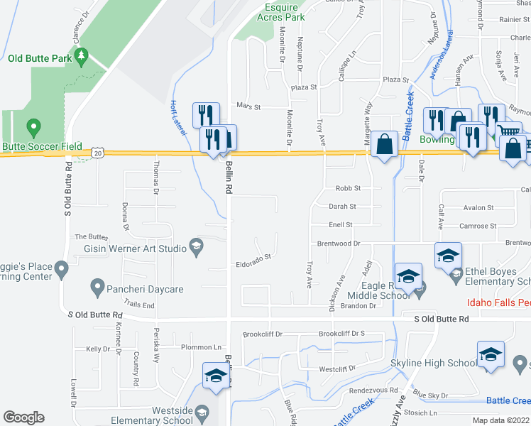 map of restaurants, bars, coffee shops, grocery stores, and more near 386 South Harmony Drive in Idaho Falls