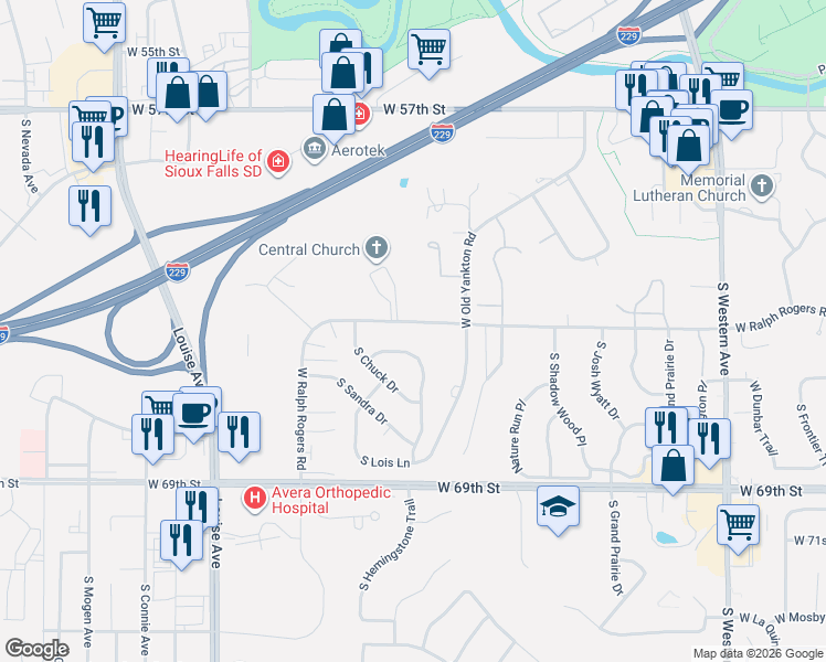 map of restaurants, bars, coffee shops, grocery stores, and more near 3015 West Ralph Rogers Road in Sioux Falls