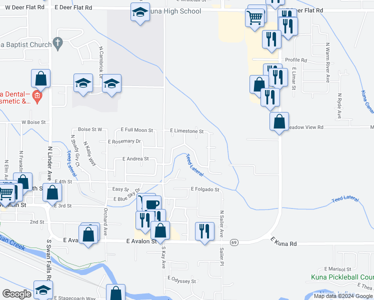 map of restaurants, bars, coffee shops, grocery stores, and more near 657 Plustone Mudstone Court in Kuna
