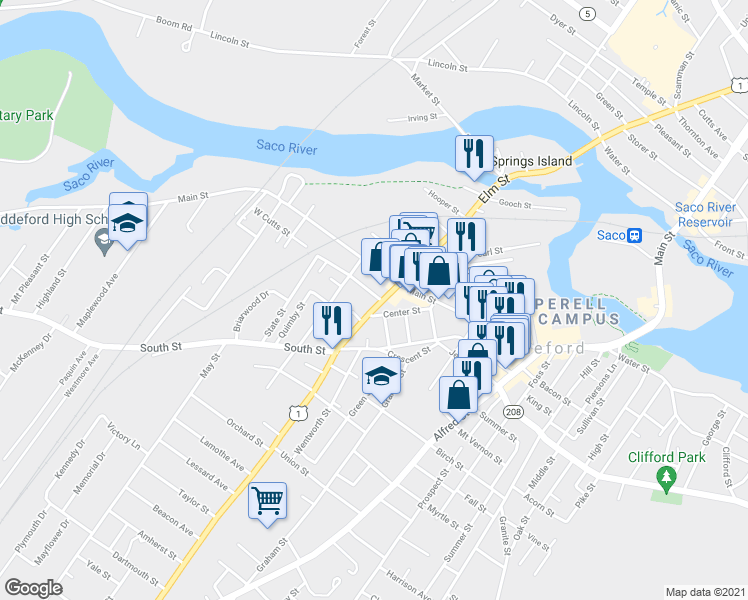map of restaurants, bars, coffee shops, grocery stores, and more near 178 Elm Street in Biddeford