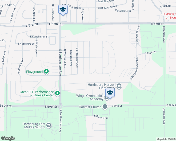 map of restaurants, bars, coffee shops, grocery stores, and more near East Stoney Brook Trail in Sioux Falls